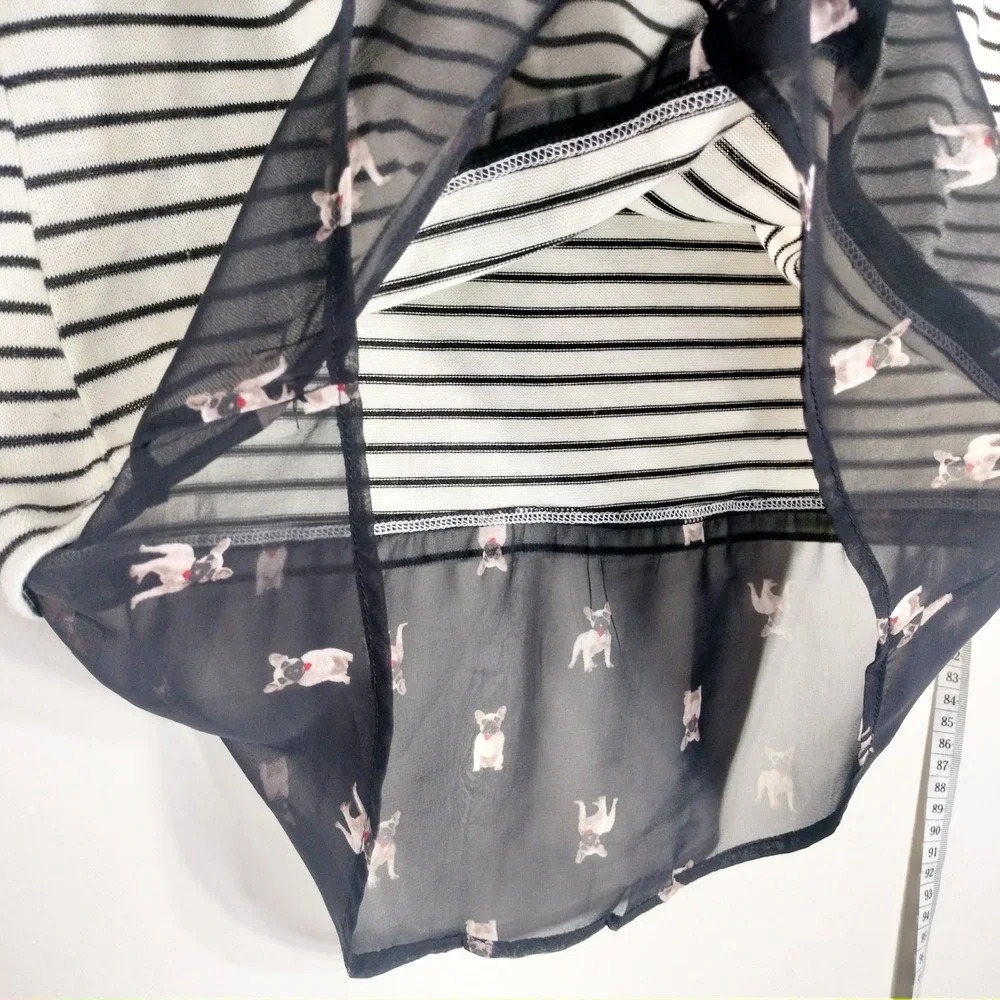 French Bulldog Print/Striped Top; Red Camel; Layered Hem, 3/4 Sleeve